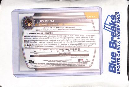 2025 Bowman Chrome Sapphire - Luis Pena - !st Bowman Autograph - 190/199 - Milwaukee Brewers - Baseball - #CPS-LP