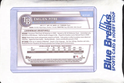 2025 Bowman Chrome - Emilien Pitre - Blue Reptilian - Bowman 1st - 62/150 - Tampa Bay Rays - Baseball - #BCP-83