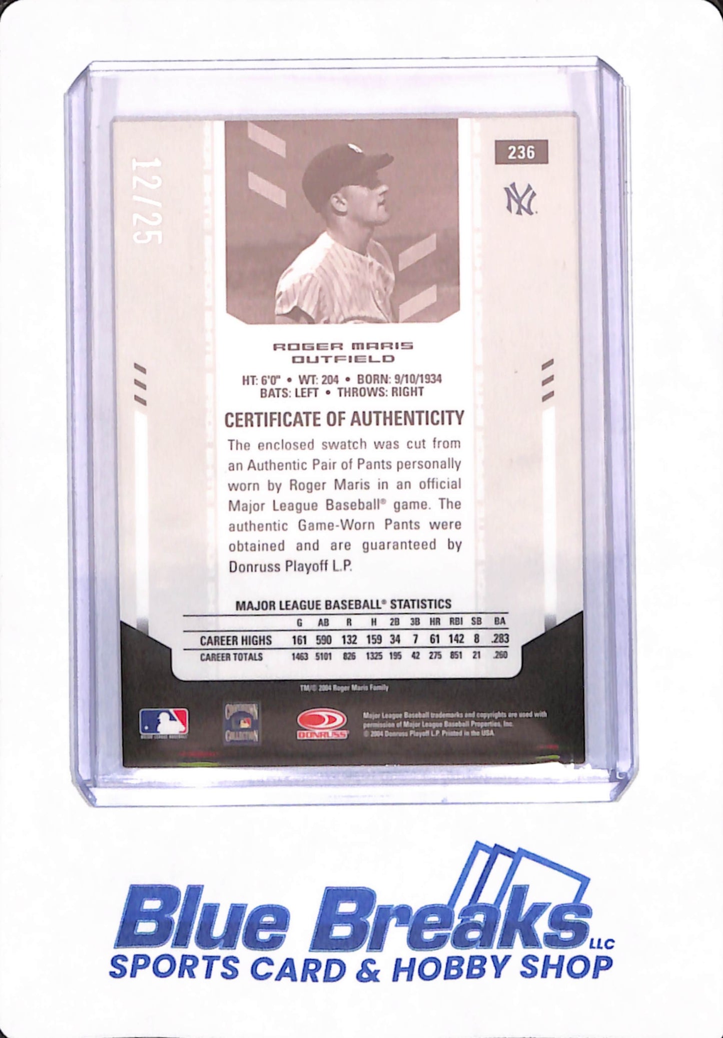 2004 Leaf Certified Materials Silver Mirror Bat 12/25 Roger Maris - Baseball - New York Yankees