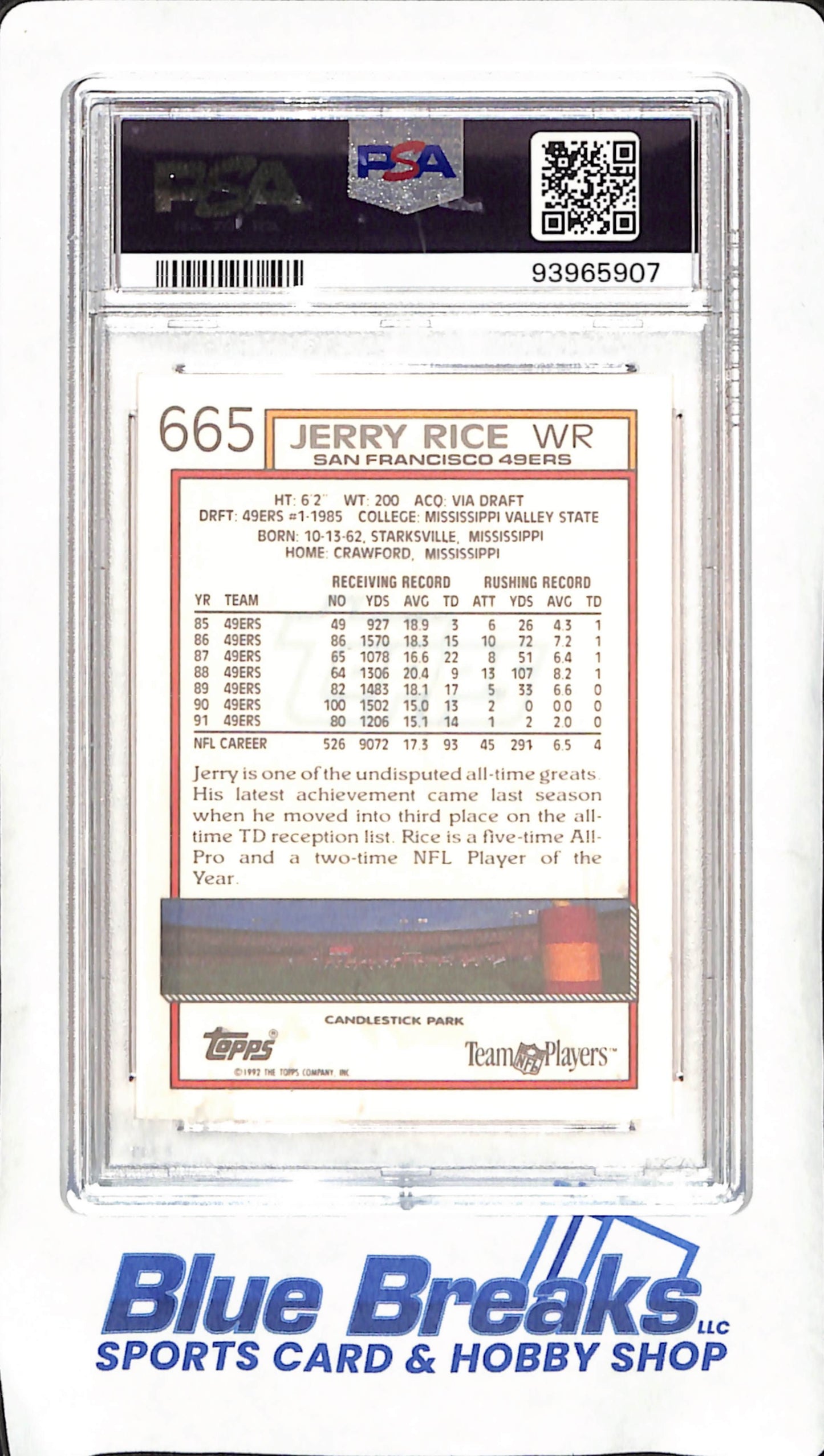 1992 Topps - Jerry Rice - PSA 9 - San Francisco 49ers - Football - #665