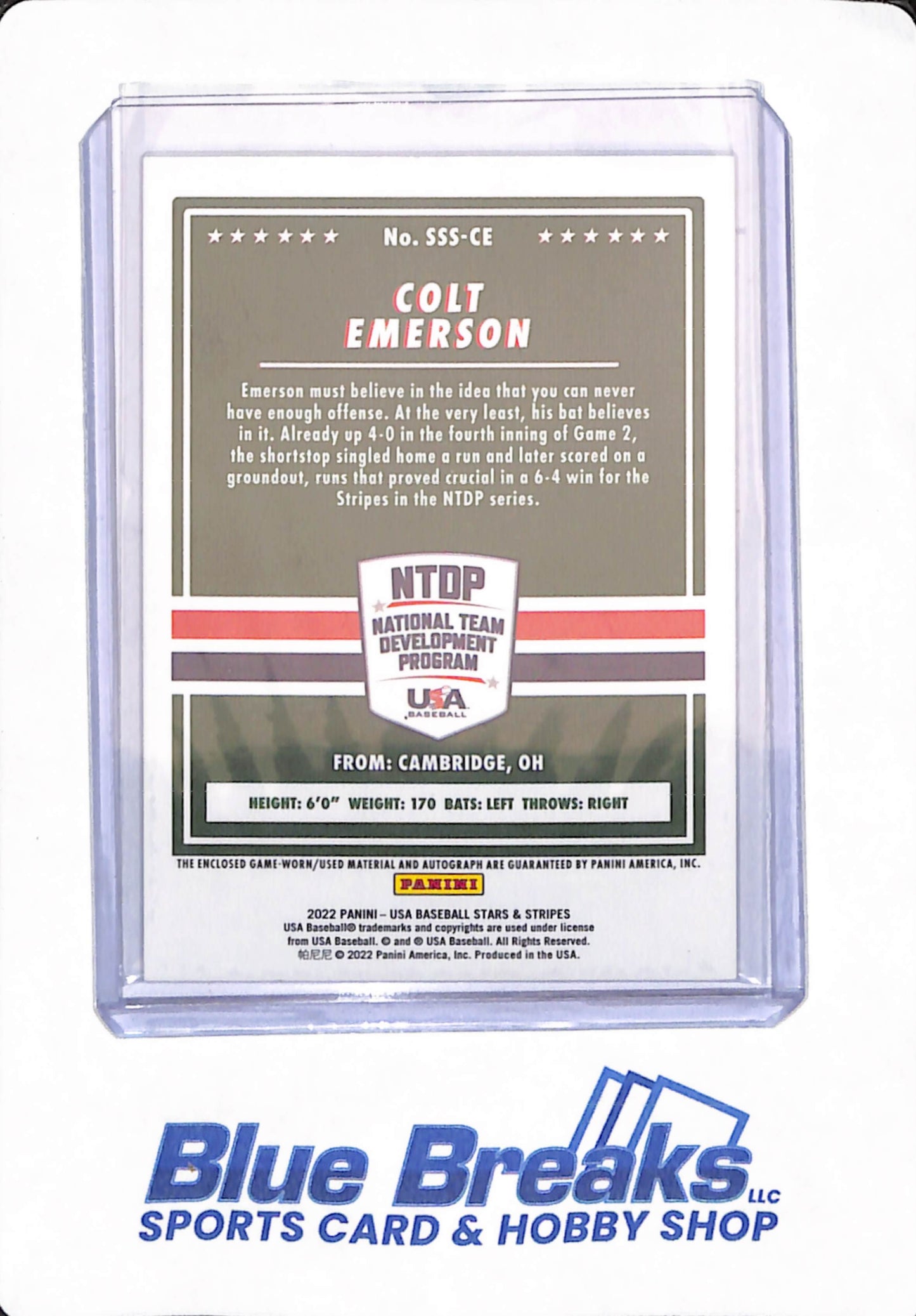 2022 Panini - USA Baseball - Stars & Stripes - Colt Emerson - 177/399 - Patch - Relic - Autographed