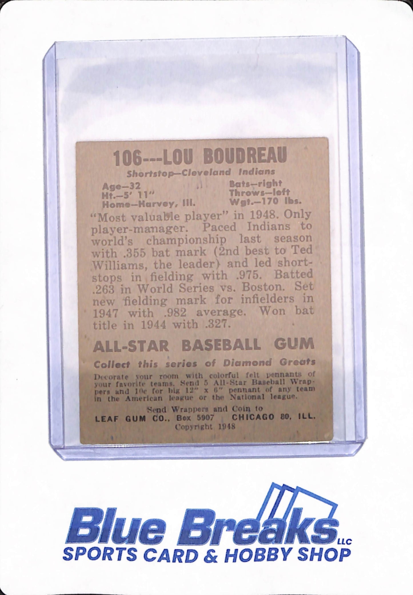 1948 Leaf - Lou Boudreau - # 106 - Baseball - Cleveland Indians / Guardians