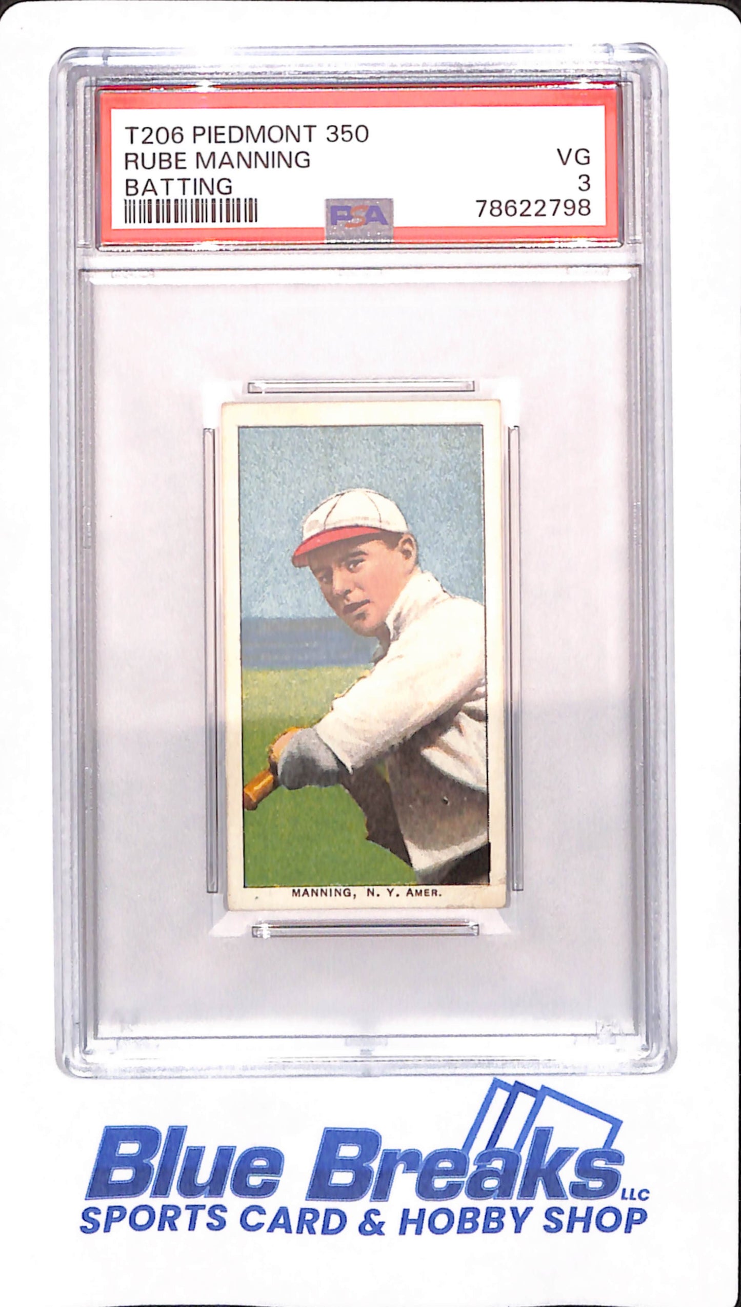 T206 - Piedmont 350 - Rube Manning - Baseball - New York Yankees - Batting - PSA 3