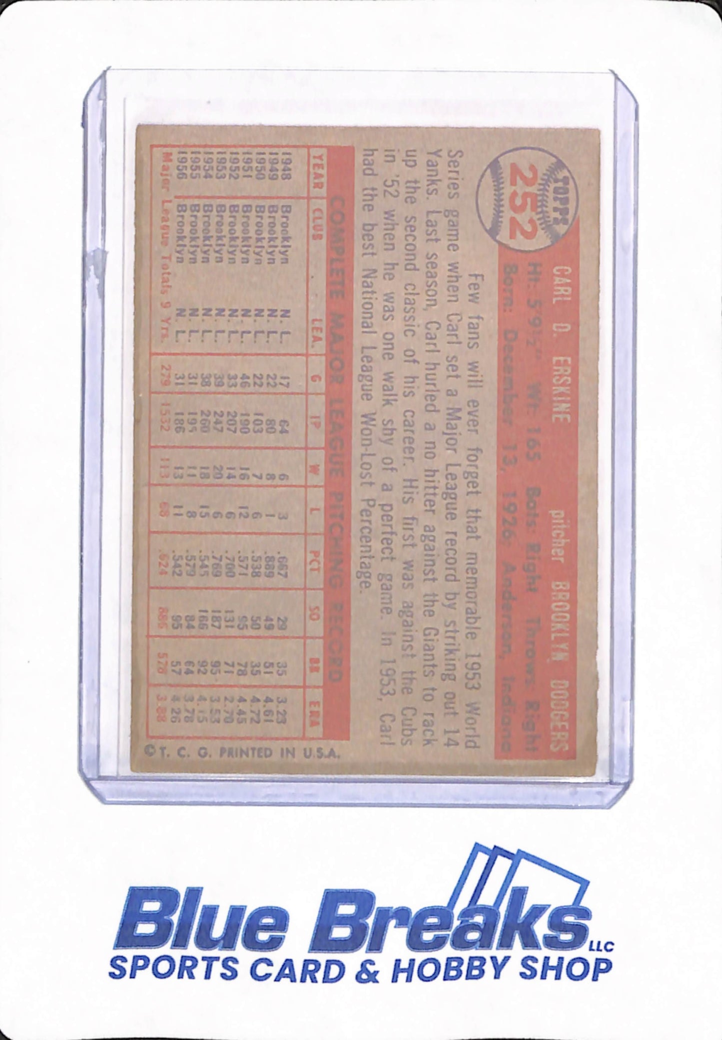 1957 Topps - Carl Erskine - Brooklyn Dodgers - # 252 - Baseball