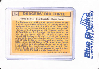 1957 Topps - Brooklyn Dodger's Big Three - Johnny Padres - Don Drysdale - Sandy Koufax - Baseball - # 412