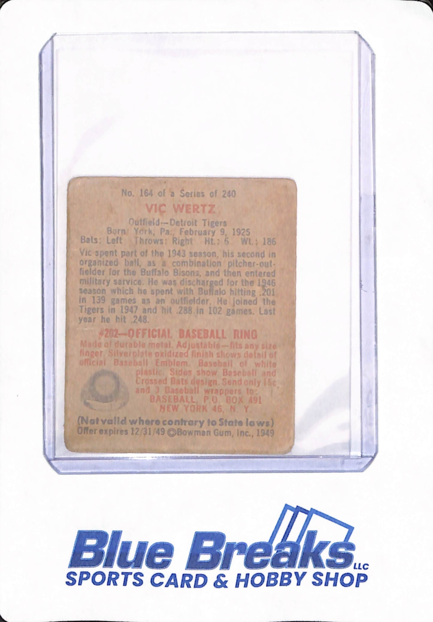 1949 Bowman - Vic Wertz - # 164 - Baseball - Detroit Tigers