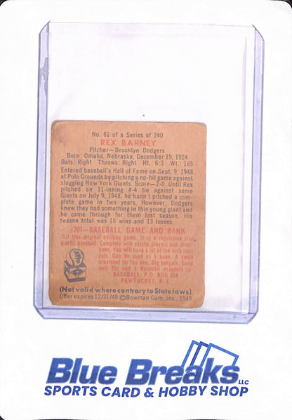 1949 Bowman - Rex Barney - # 61 - Baseball - Brooklyn Dodgers