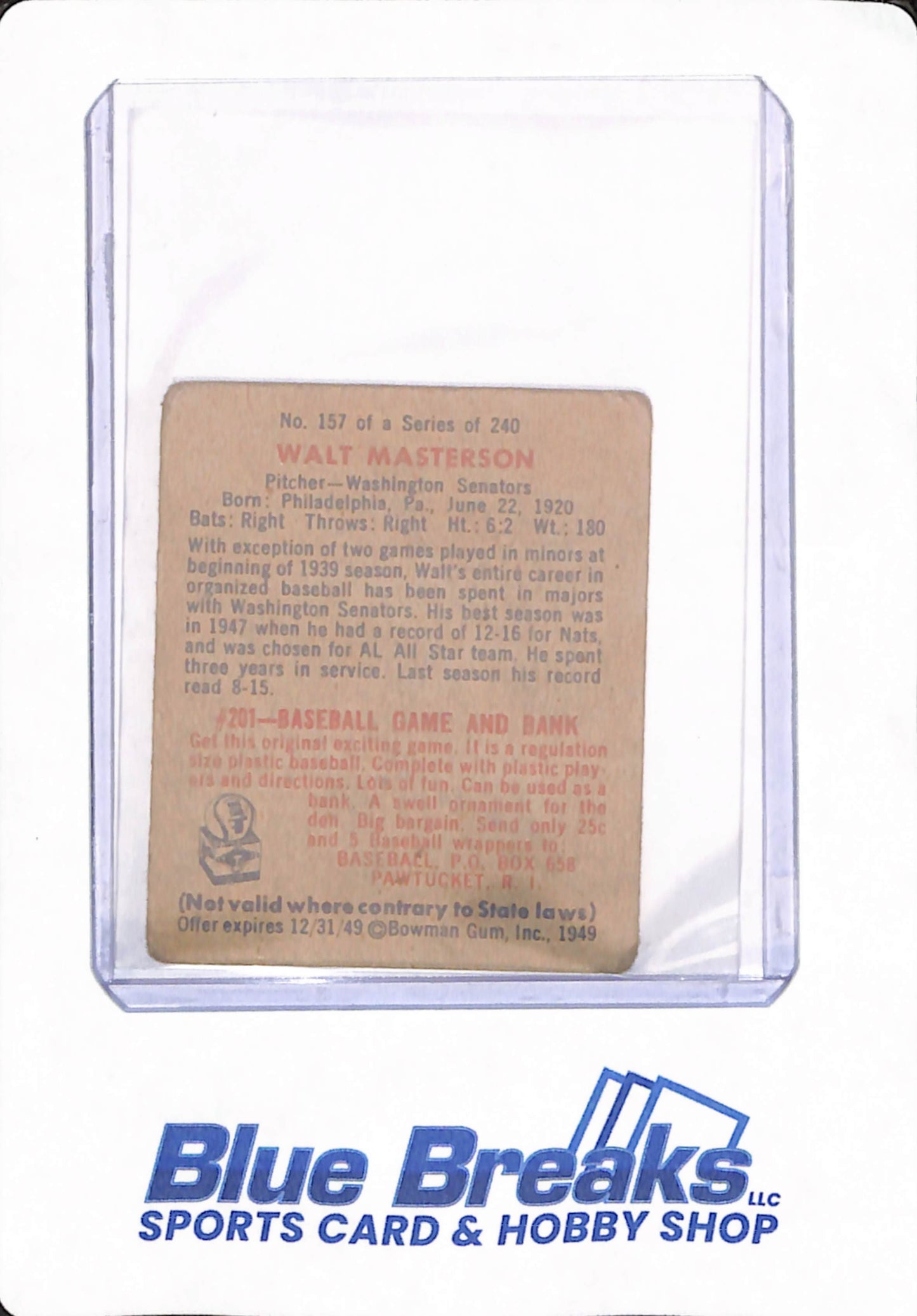 1949 Bowman - Walt Masterson - # 157 - Baseball - Washington Senators