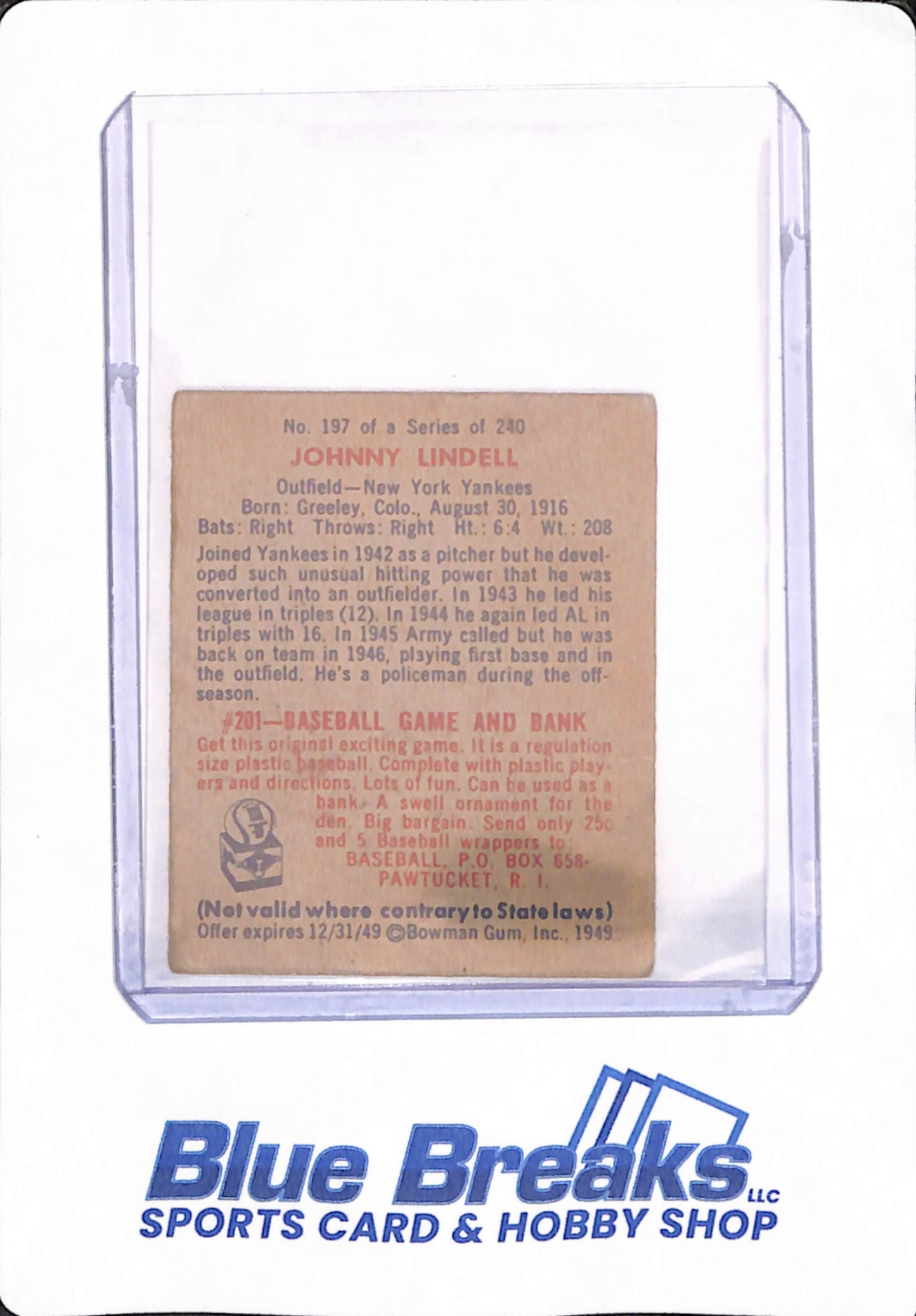 1949 Bowman - Johnny Lindell - # 197 - Baseball - New York Yankees