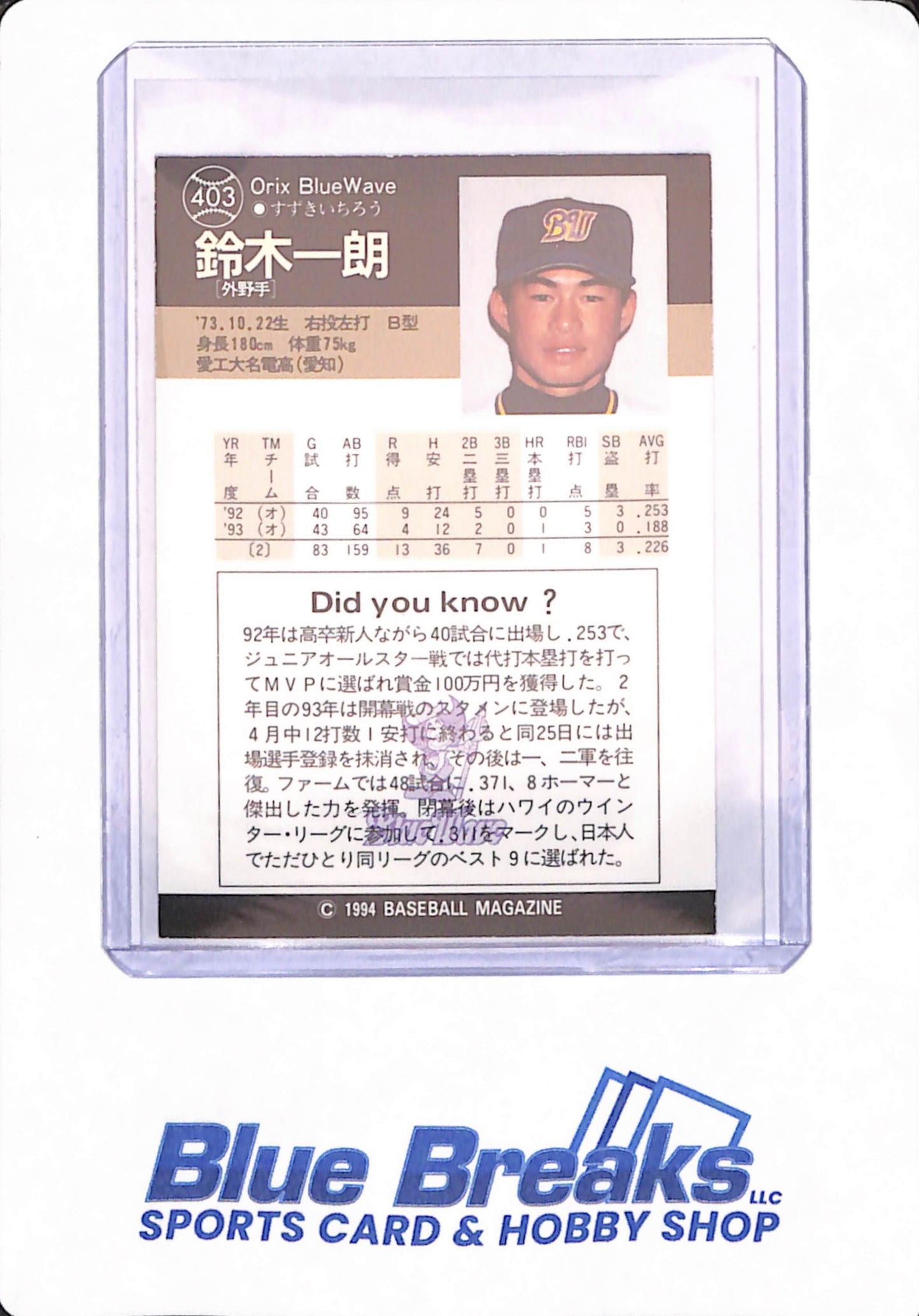 1994 BBM - Ichiro Suzuki - Japanese Baseball - # 403 - Orix Bluewave - Seattle Mariners