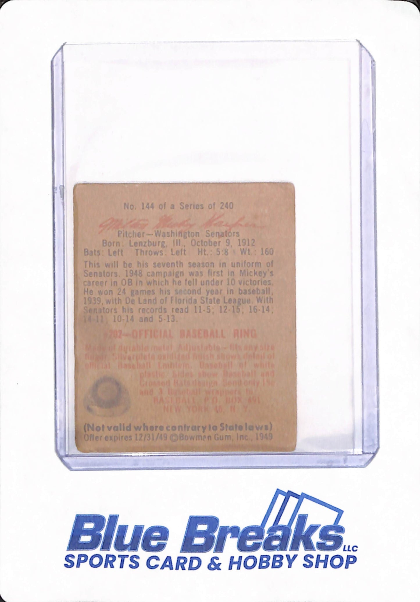 1949 Bowman - Milton " Mickey " Haefner - # 144 - Baseball - Washington Senators