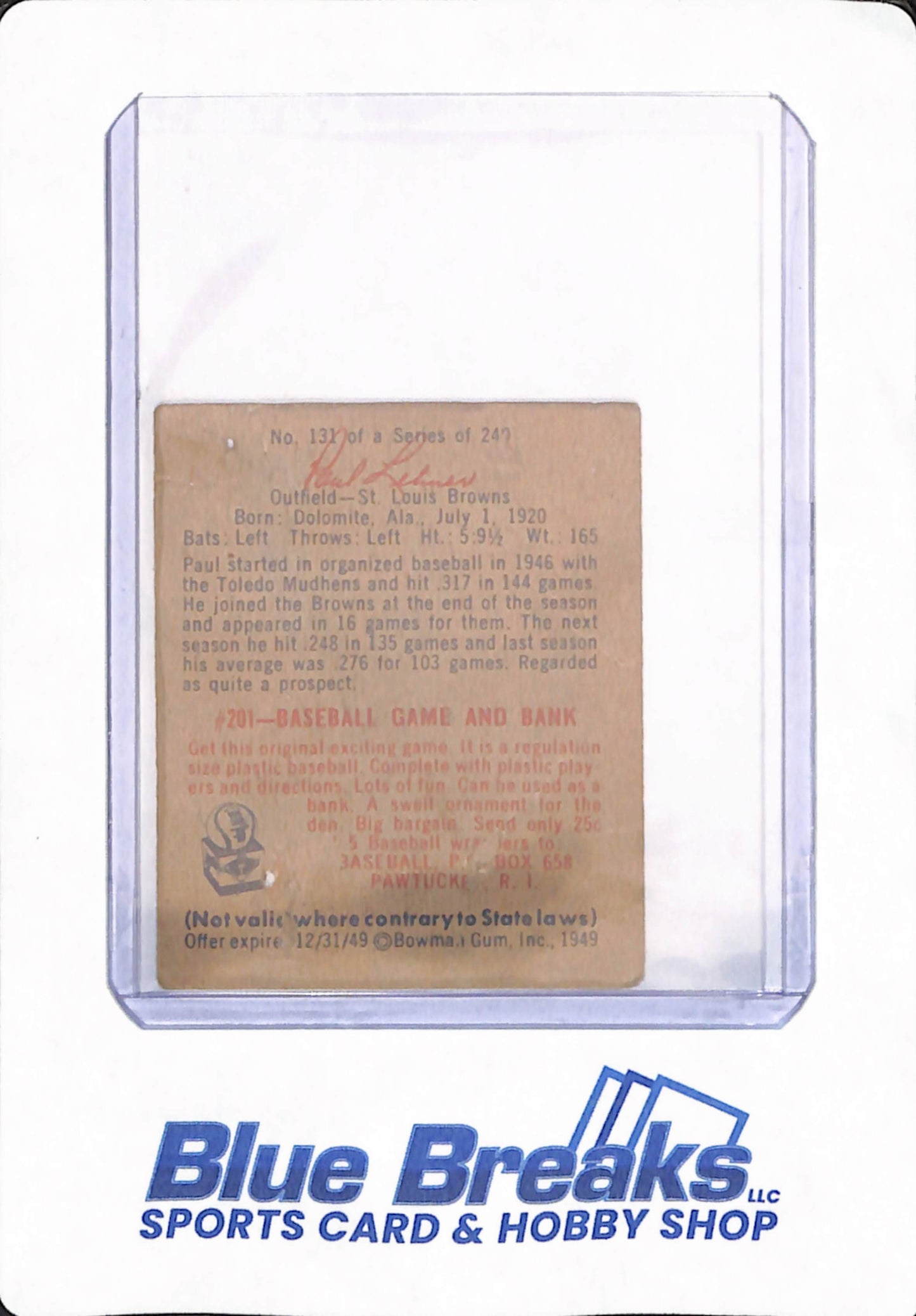 1949 Bowman - Paul Lehner - # 131 - Baseball - St Louis Browns