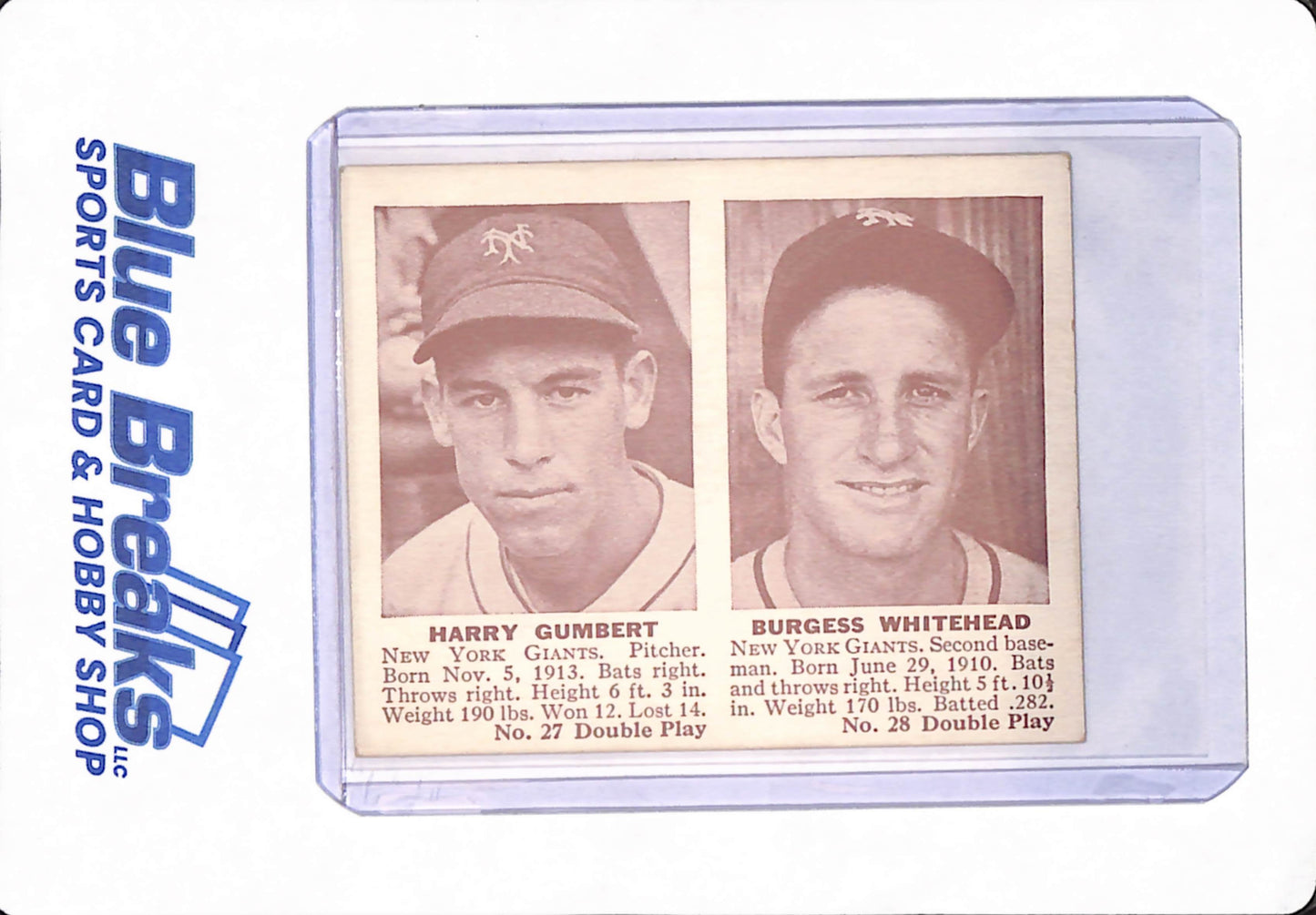 1941 - Harry Gumbert - Burgess Whitehead - Double Play - Baseball - New York Giants