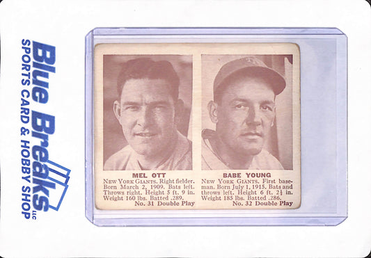 1941 Mel Ott - Babe Young - Double Play - Baseball - New York Giants