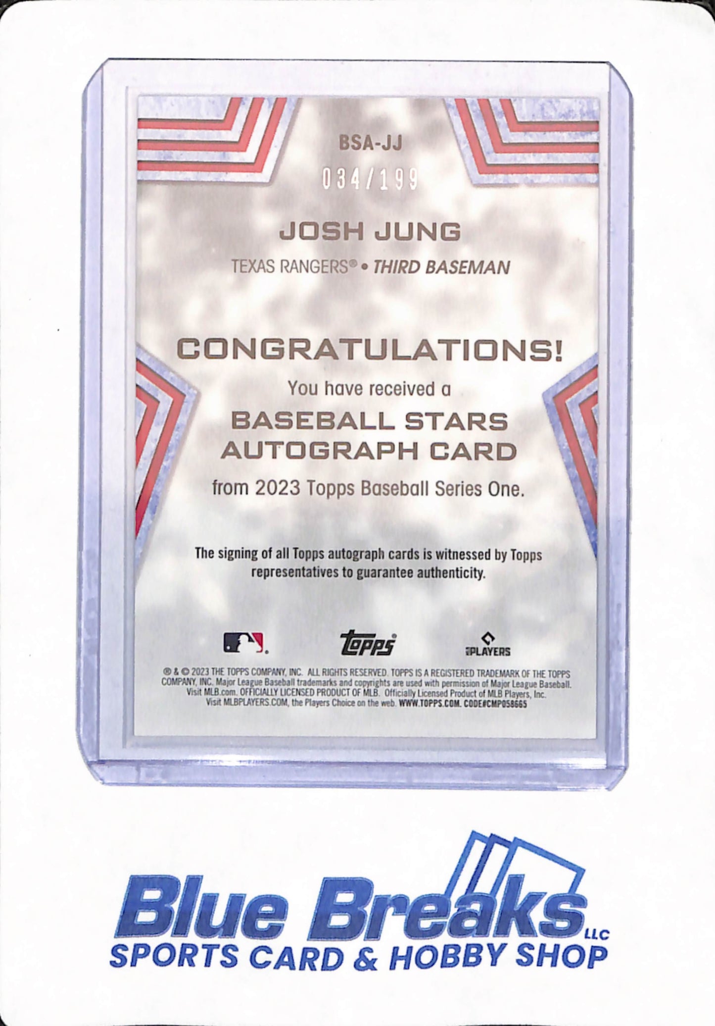 2023 Topps Baseball Series 1 - Josh Jung - Stars - Autographed - # BSA-JJ - 034/199