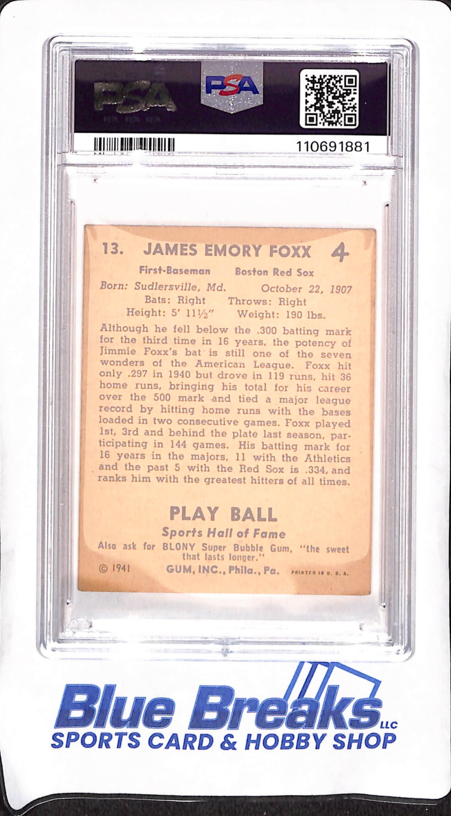 1941 Play Ball - Jimmie Foxx - Boston Red Sox - PSA 4 - Baseball - #13