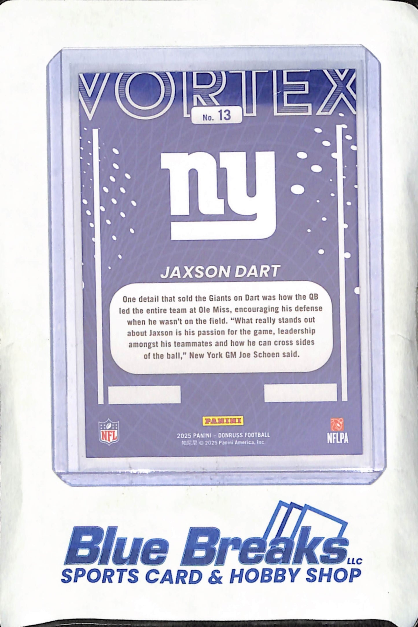 2025 Panini Donruss - Jaxson Dart - Vortex - RC - New York Giants - Football - #13