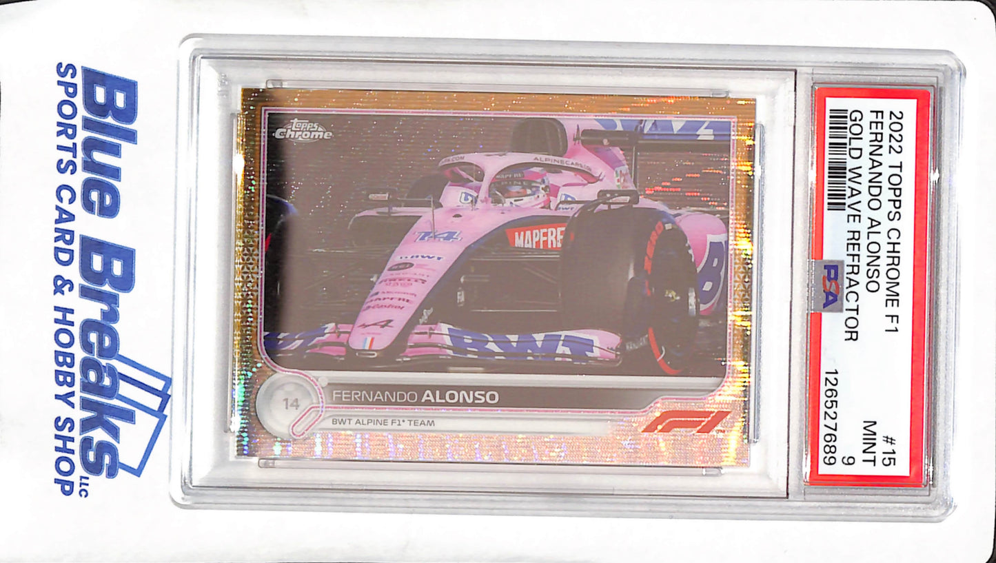 2022 Topps Chrome F1 - Fernando Alonso - Gold Wave Refractor - PSA Mint 9 BWT Alpine F1 Team - #15