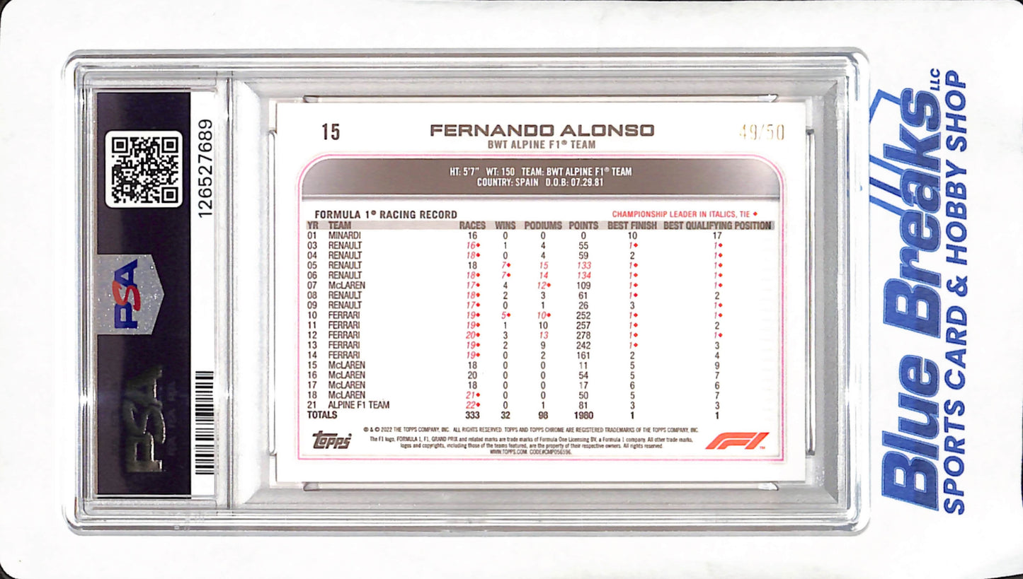 2022 Topps Chrome F1 - Fernando Alonso - Gold Wave Refractor - PSA Mint 9 BWT Alpine F1 Team - #15
