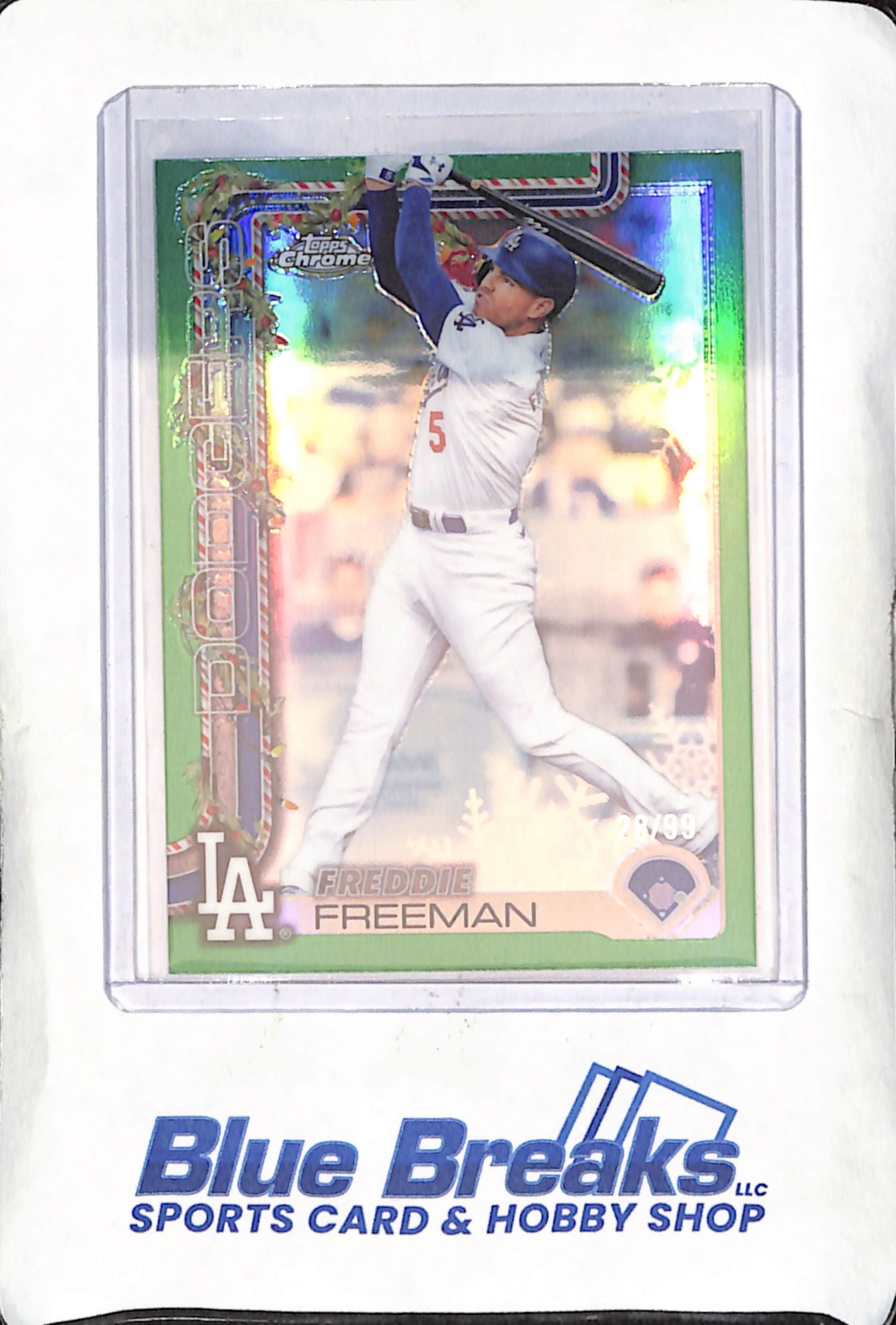 2025 Topps Holiday - Freddie Freeman - Green Chrome - 28/99 - Los Angeles Dodgers - Baseball - #HC12