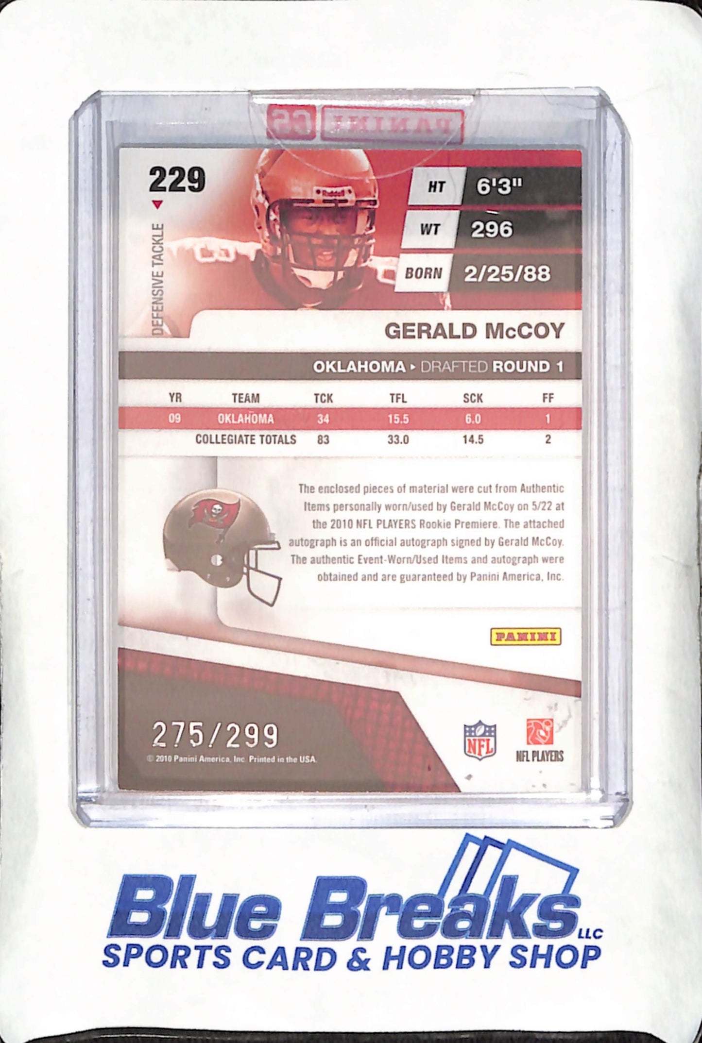 2010 Panini Absolute - Gerald McCoy - Rookie Premiere Materials - Triple Relic Auto - 275/299 - Tampa Bay Buccaneers - Football - #229