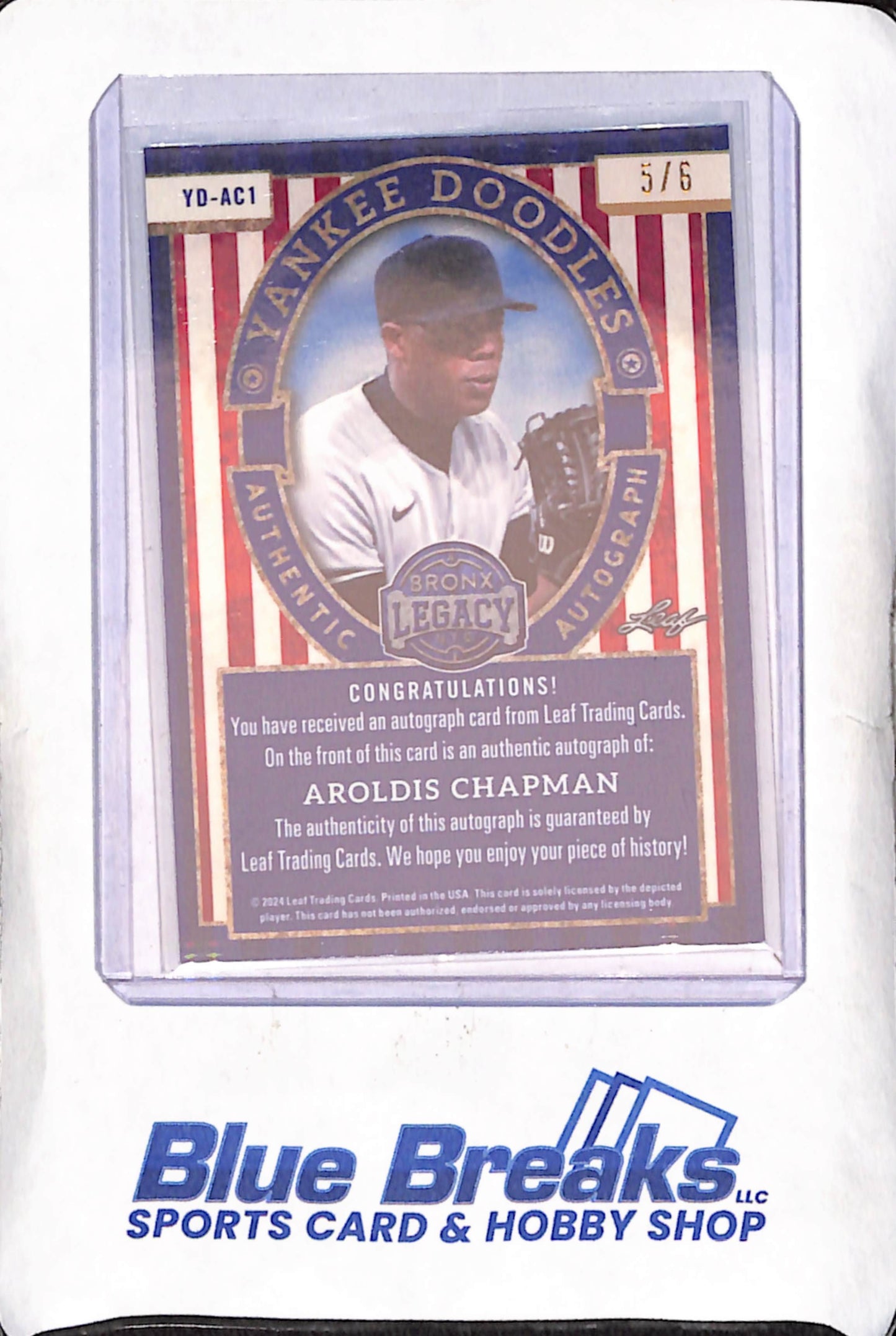 2024 Leaf Bronx Legacy - Aroldis Chapman - Yankee Doodles - Green Autograph - 5/6 - New York Yankees - Baseball - #YD-AC1