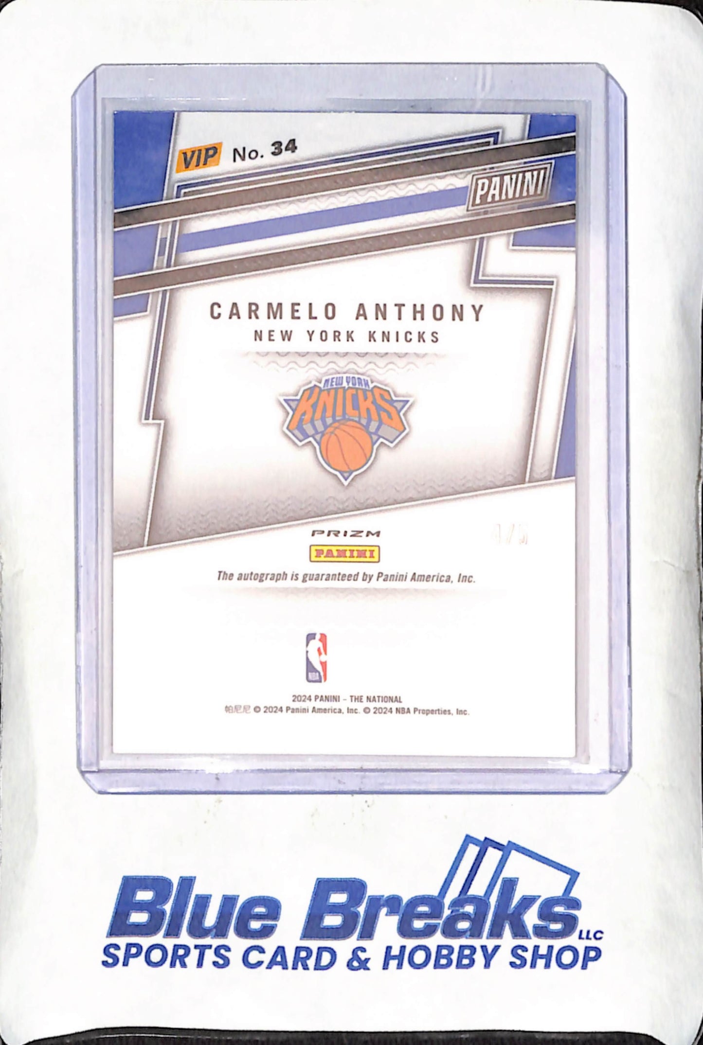 2024 Panini VIP National Gold Pack - Carmelo Anthony - Autograph - 4/5 - New York Knicks - Basketball - #34
