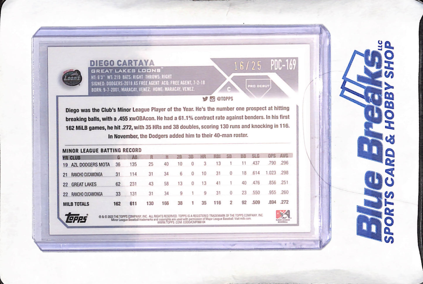 2023 Topps Pro Debut - Diego Cartaya - Orange Chrome Mini Diamond - 16/25 - Great Lakes Loons - Baseball - #PDC-169