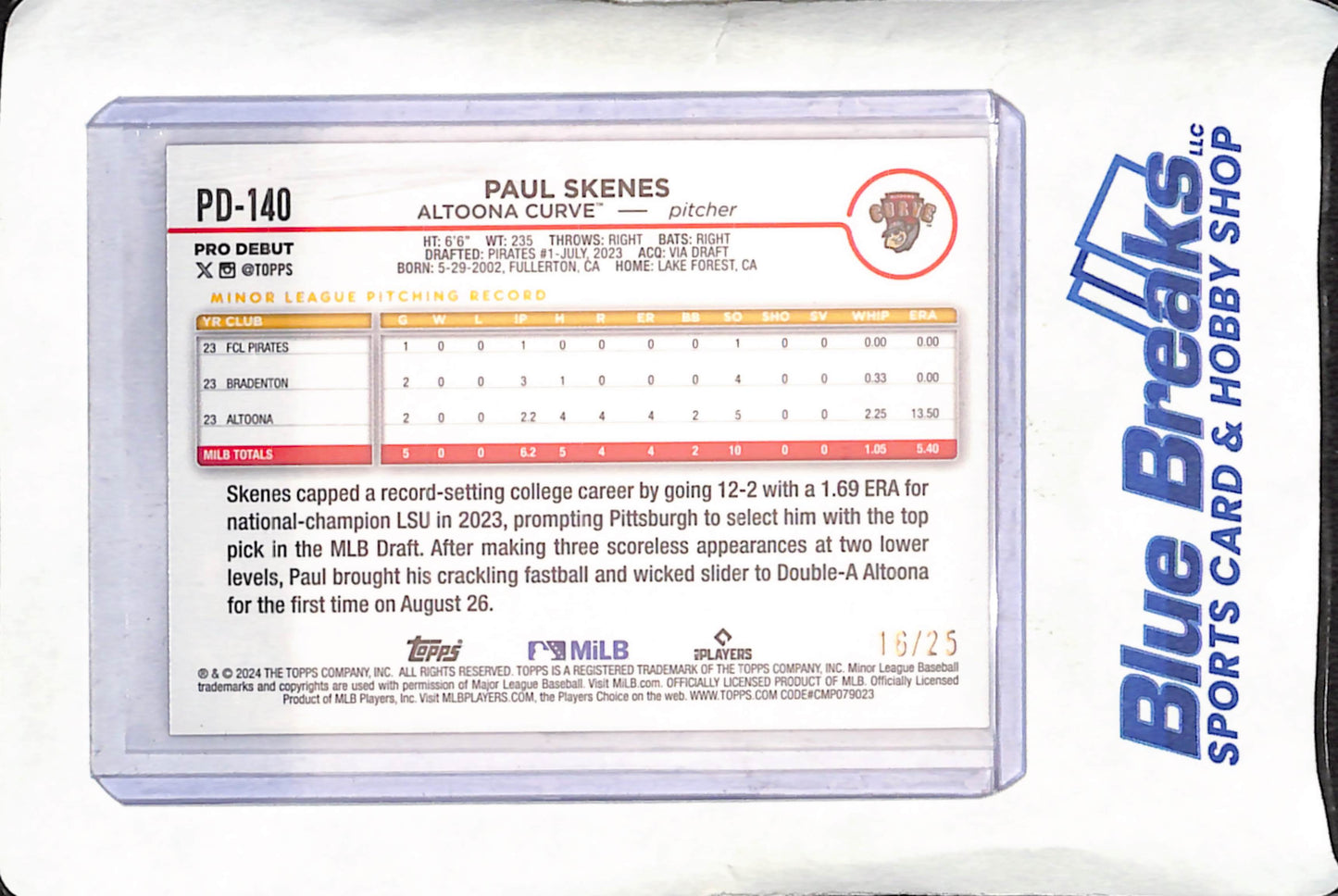 2024 Topps Pro Debut - Paul Skenes - Orange Foil - 16/25 - Altoona Curve - Baseball - #PD-140