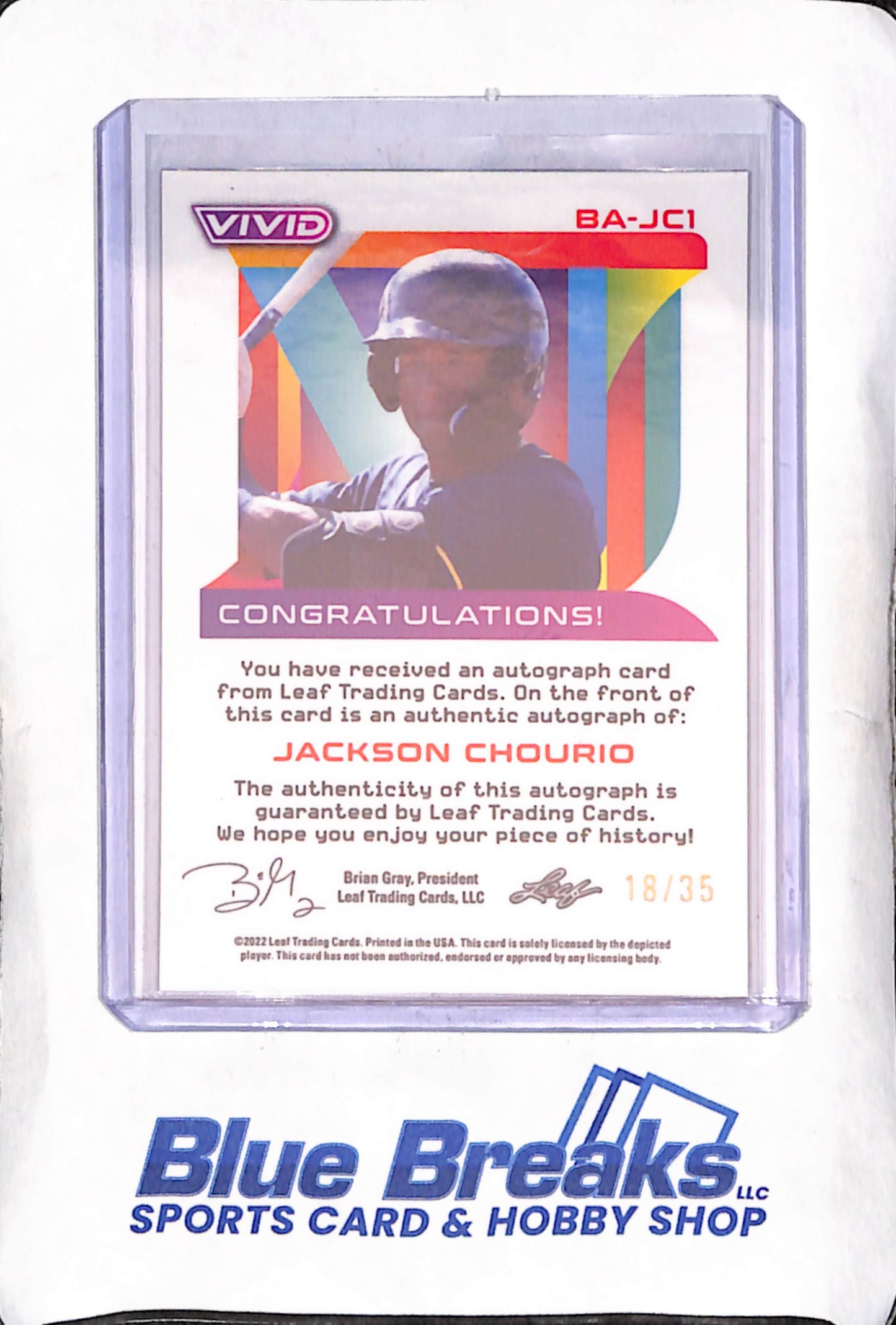 2022 Leaf Vivid  - Jackson Chourio - Autograph - Red - RC - 18/35 - Milwaukee Brewers - Baseball - #BA-JC1