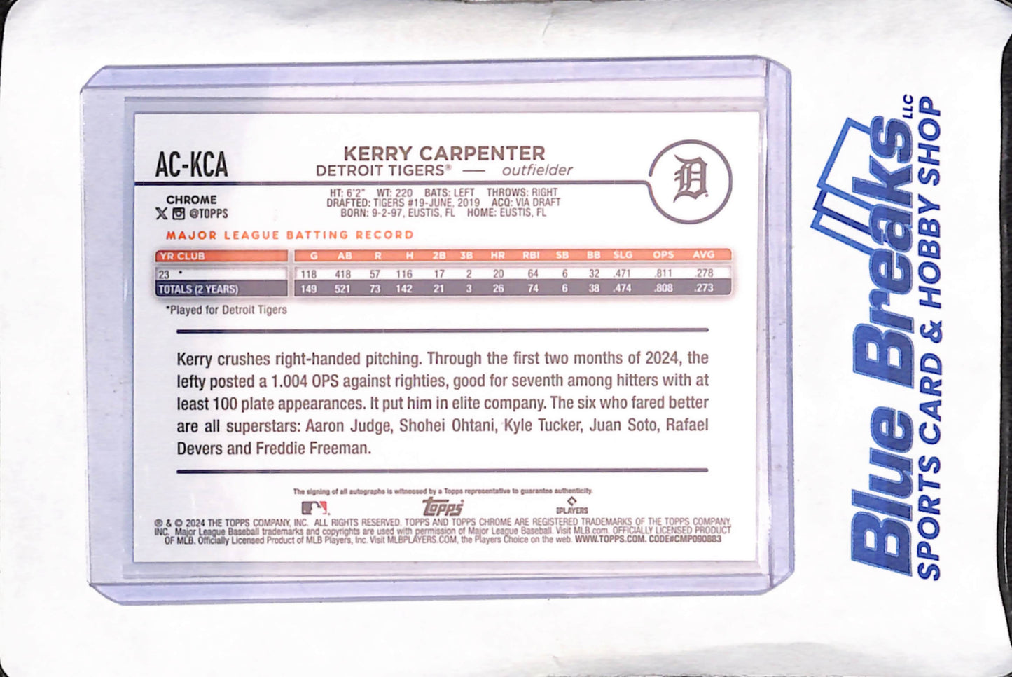 2024 Topps Chrome - Kerry Carpenter - Blue Autograph - 129/500 - Detroit Tigers - Baseball - #AC-KCA