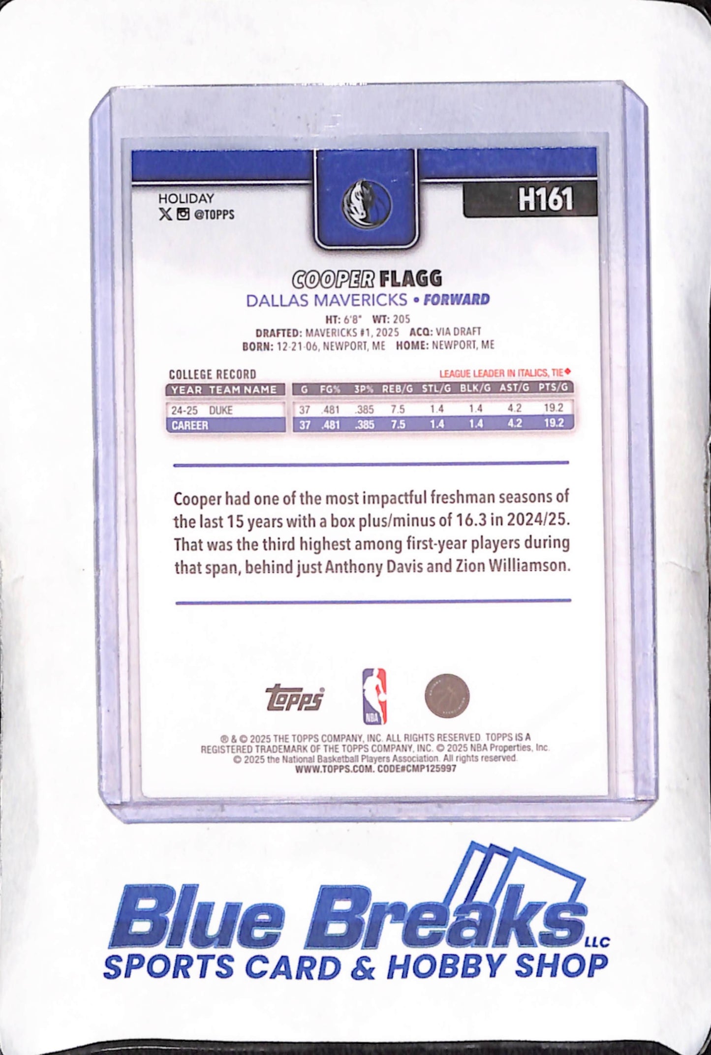 2025 Topps Holiday - Cooper Flagg - RC - Dallas Mavericks - Basketball - #H161