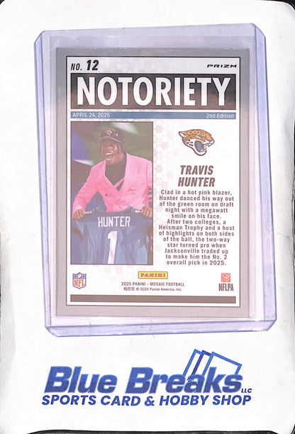 2025 Panini Mosaic - Travis Hunter - Orange Notoriety - RC - Jacksonville Jaguars - Football - #12