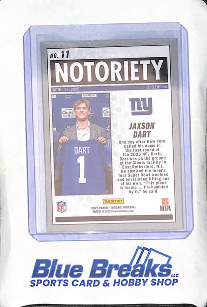 2025 Panini Mosaic - Jaxon Dart - Mosaic - Notoriety - RC - New Giants - Football - #11