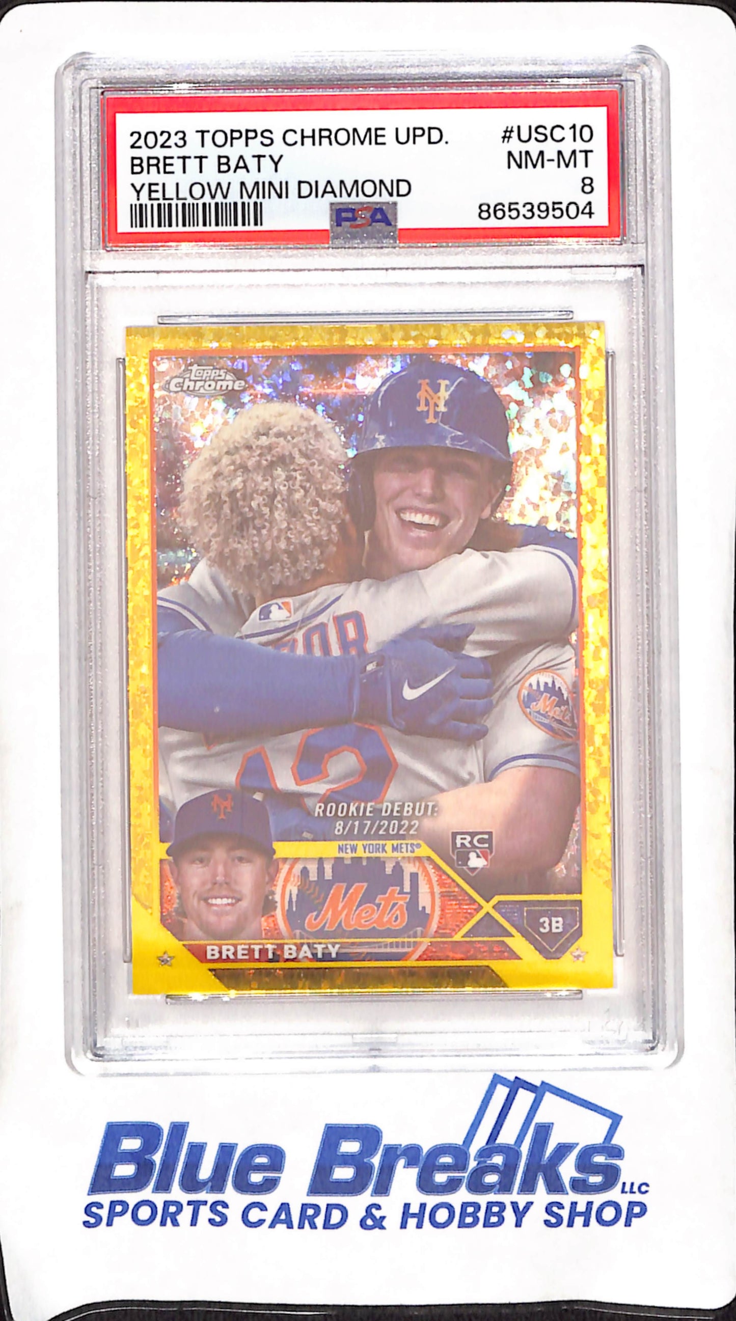 2023 Topps Chrome Update - Brett Baby - Yellow Mini Diamond - Rookie Debut - 36/75 - New York Mets - Baseball - PSA 8 - #USC-10