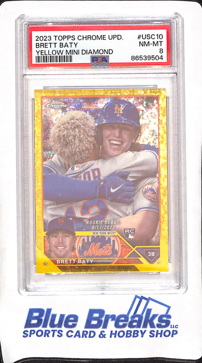 2023 Topps Chrome Update - Brett Baby - Yellow Mini Diamond - Rookie Debut - 36/75 - New York Mets - Baseball - PSA 8 - #USC-10