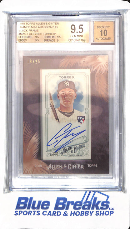 2018 Topps - Allen & Ginter - Gleyber Torres - Rookie - Baseball - Black Frame - Mini Autographs - 19/25 - New York Yankees - Beckett 9.5