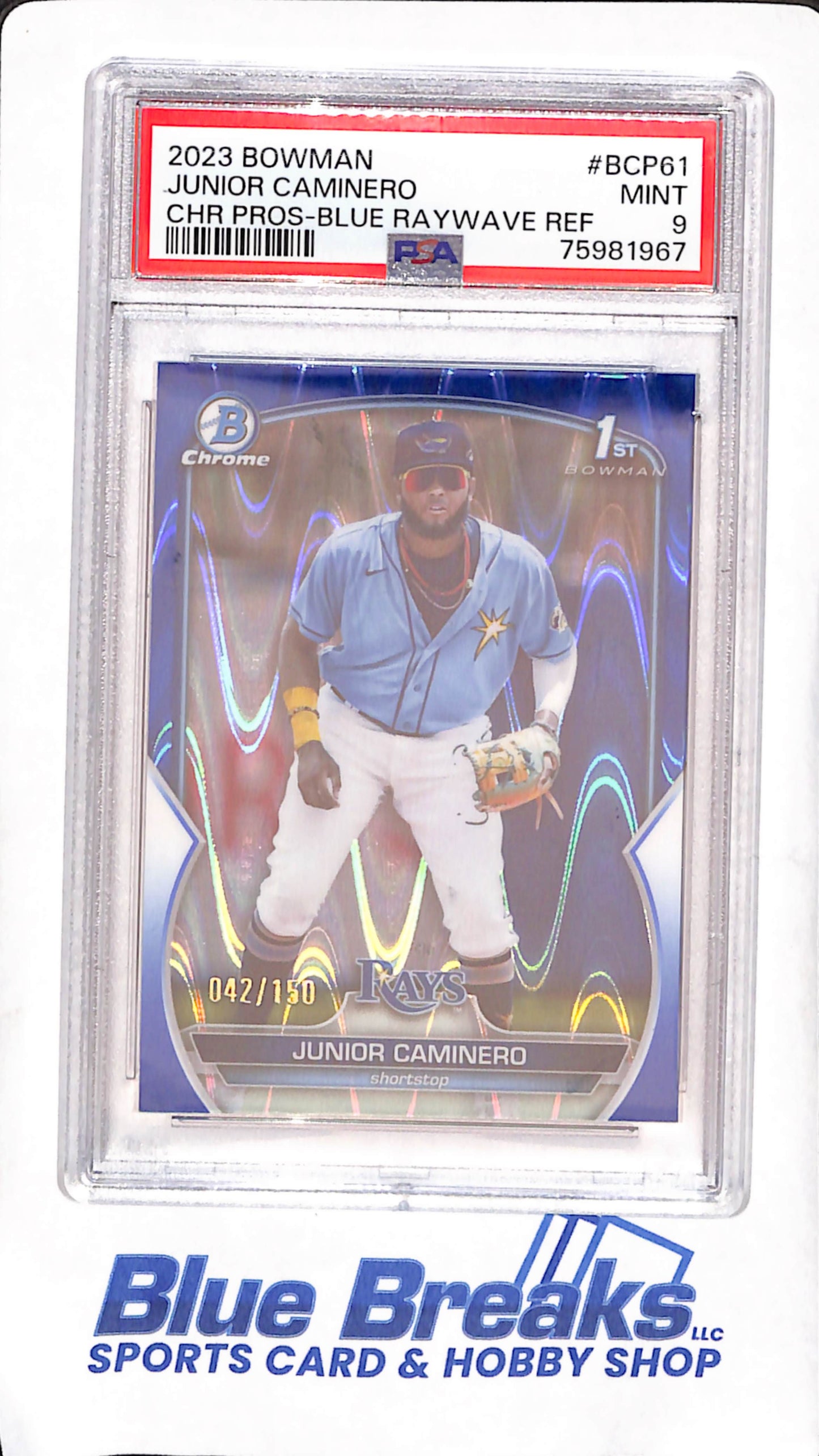 2023 Bowman Chrome - Junior Caminero - Blue Wave Refractor - PSA 9 - 1st Bowman - 42/150 - Tampa Bay Rays - Baseball - #BCP61