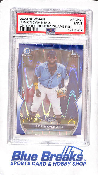 2023 Bowman Chrome - Junior Caminero - Blue Wave Refractor - PSA 9 - 1st Bowman - 42/150 - Tampa Bay Rays - Baseball - #BCP61