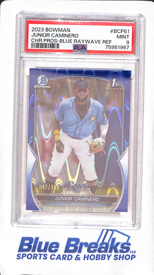 2023 Bowman Chrome - Junior Caminero - Blue Wave Refractor - PSA 9 - 1st Bowman - 42/150 - Tampa Bay Rays - Baseball - #BCP61