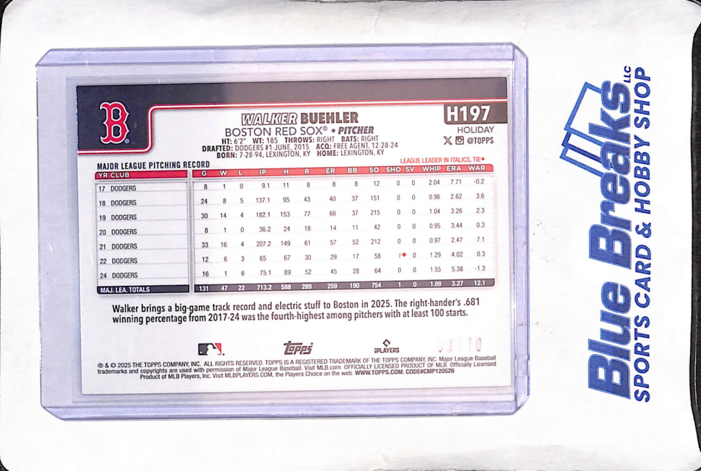 2025 Topps Holiday - Walker Buehler - Red - 3/10 - Boston Red Sox - Baseball - #H197