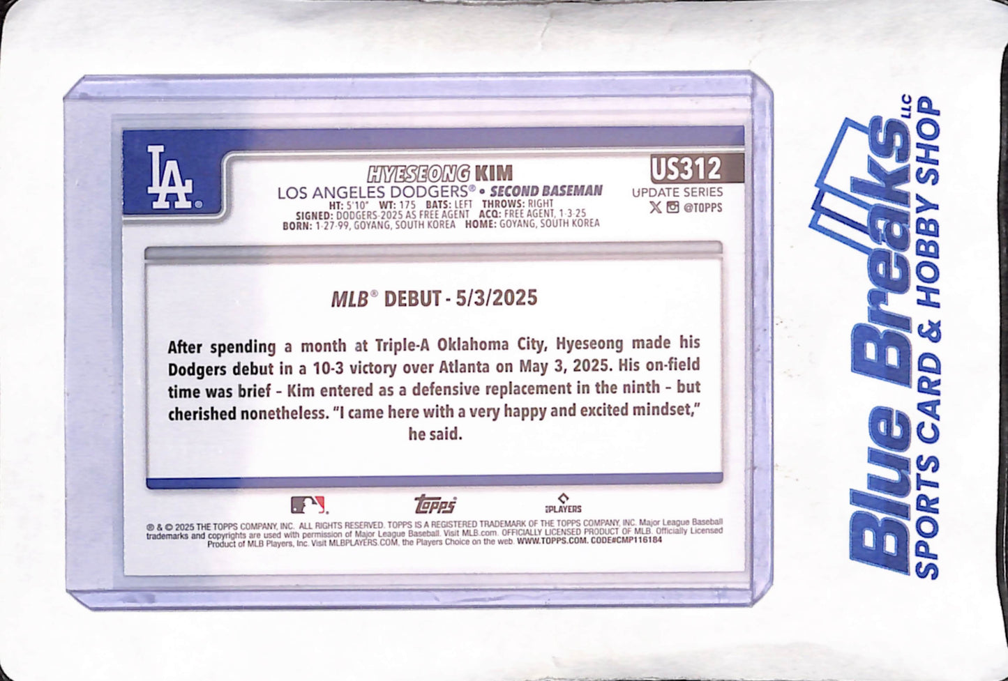 2025 Topps Update - Hyeseong Kim - RC - Debut - Aqua Rainbow Foil - Los Angeles Dodgers - Baseball - #US312