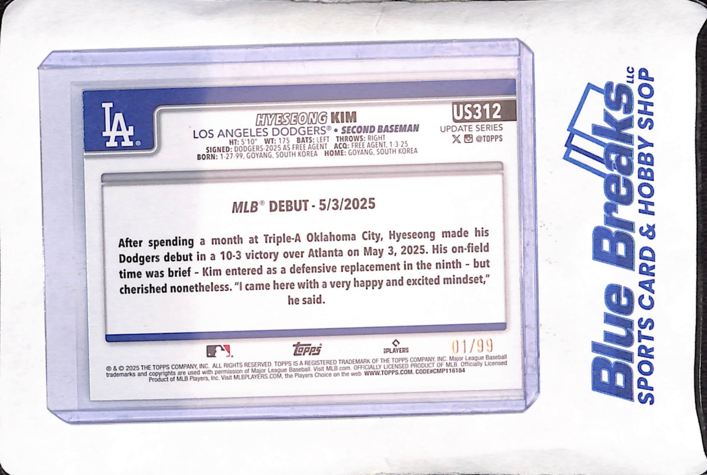 2025 Topps Update - Hyeseong Kim - RC - Debut - Green Foil - 1/99 - Los Angeles Dodgers - Baseball - #US312