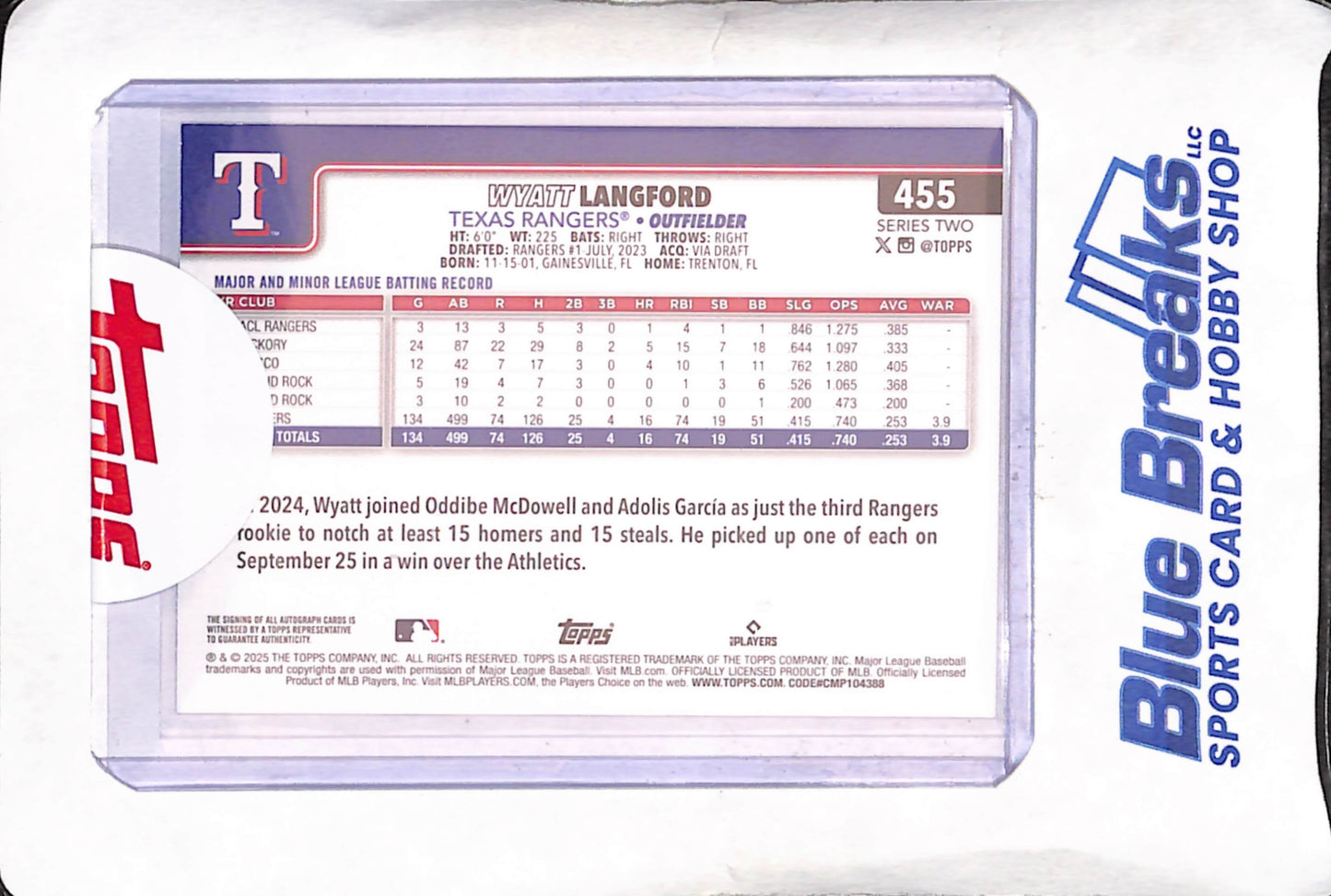 2025 Topps Series 2 - Wyatt Langford - Autograph - Texas Rangers - Baseball - #455
