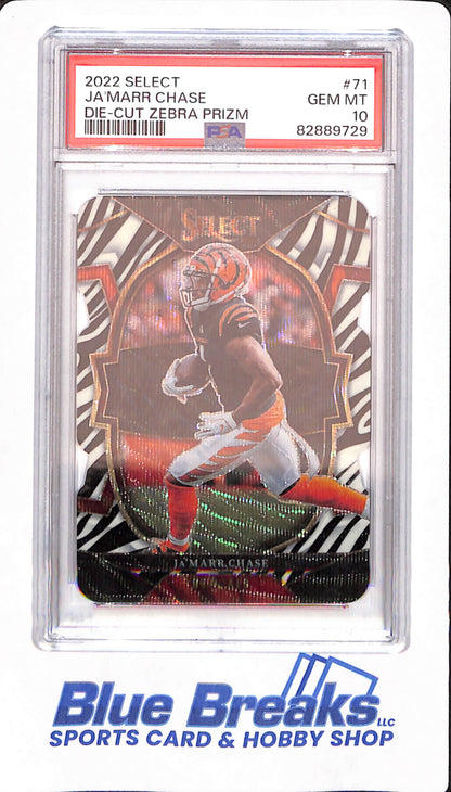 2022 Select - Ja'Marr Chase - Cincinnati Bengals - Football - # 71 - Die Cut Zebra Prizm - PSA 10