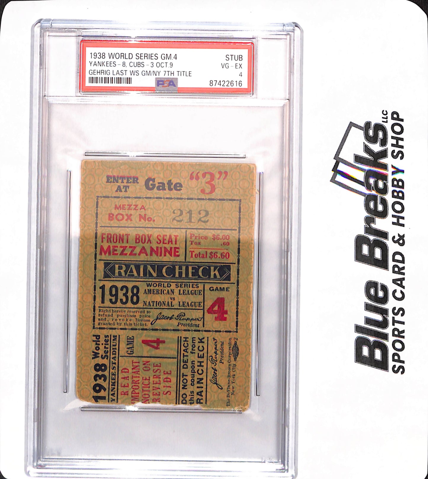 1938 World Series - Game 4 - Used Ticket - New York Yankees Vs Chicago Cubs - Baseball - PSA 4 - Stub