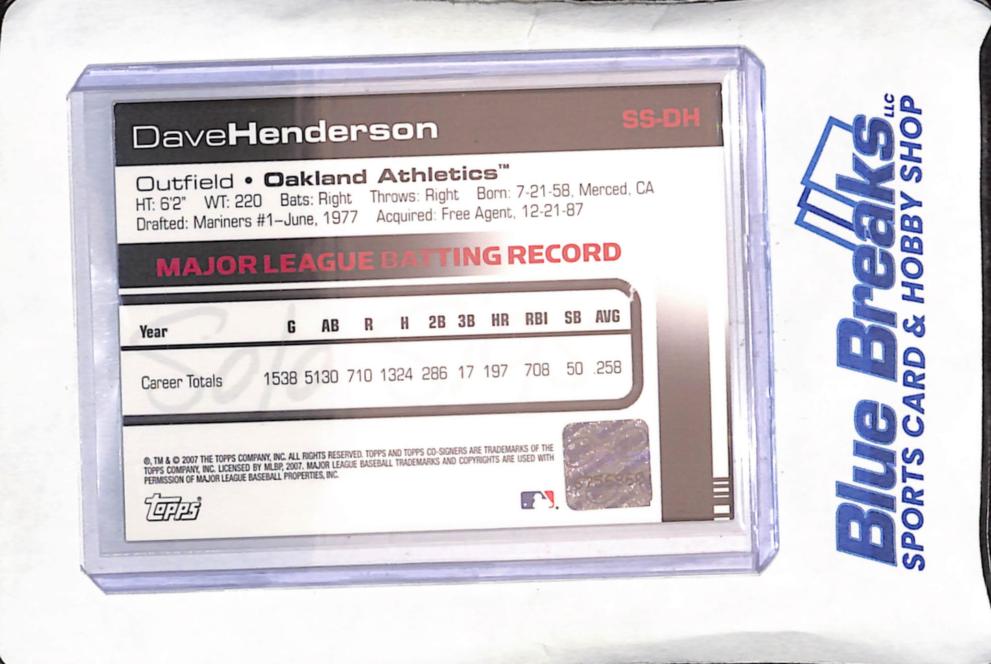 2007 Topps Co-Signers - Dave Henderson - Solo Sigs Autograph - Oakland Athletics - Baseball - #SS-DH