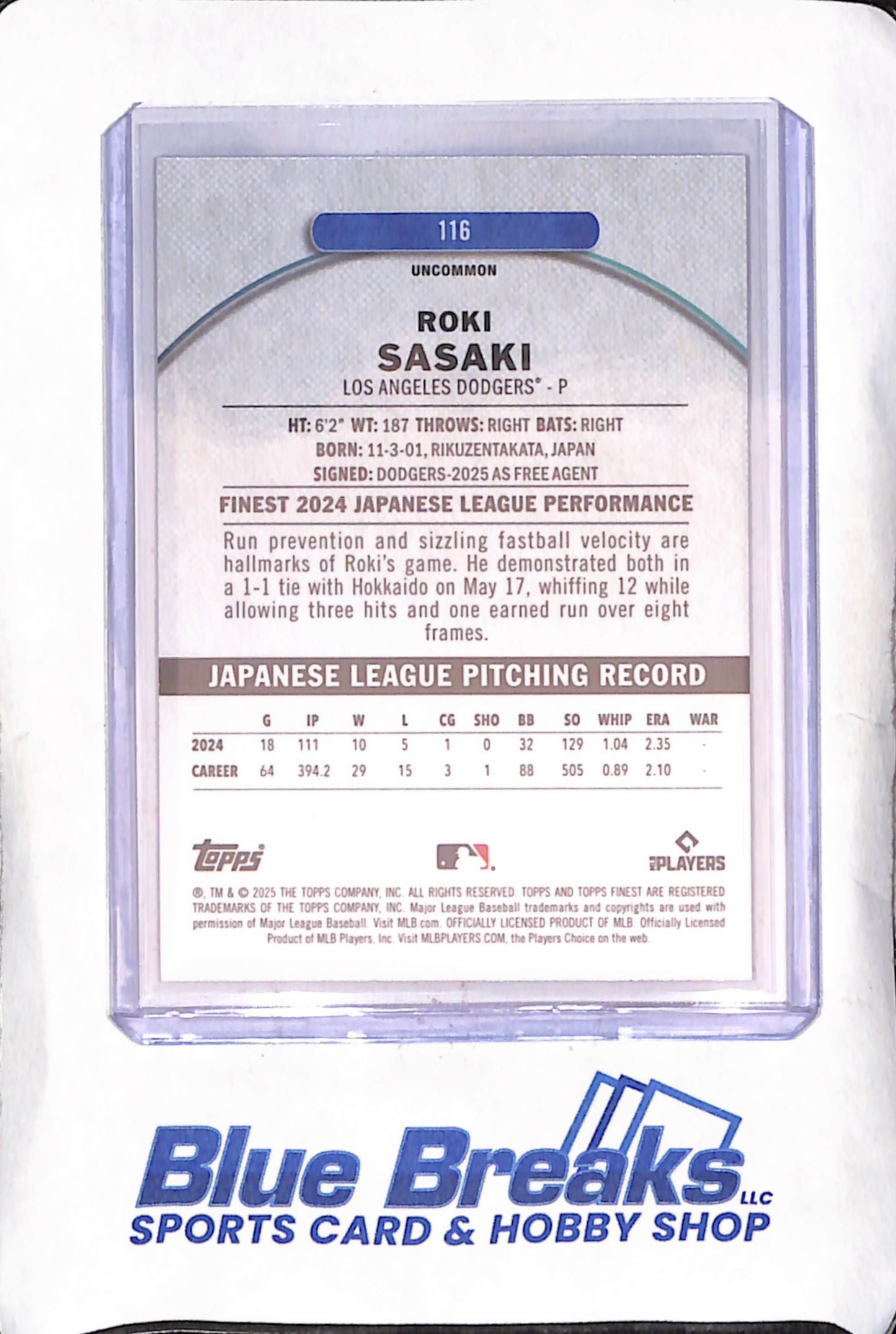 2025 Topps Finest - Roki Sasaki - Pink - RC - 3/300 - Los Angeles Dodgers- Baseball - #116