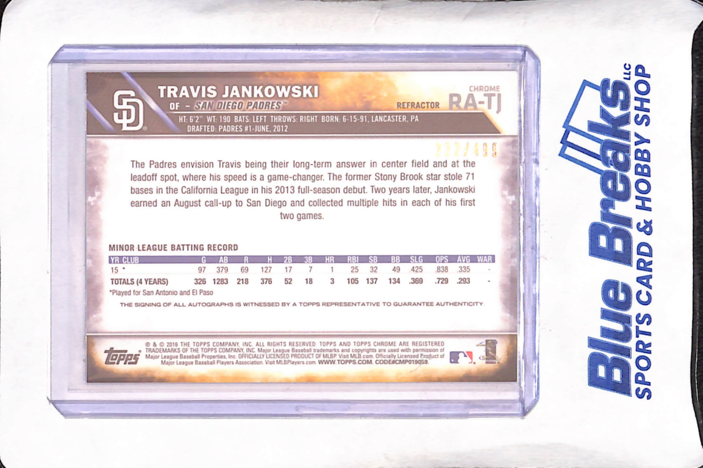 2016 Topps Chrome - Travis Jankowski - Autograph - RC - 222/499 - San Diego Padres - Baseball - #RA-TJ