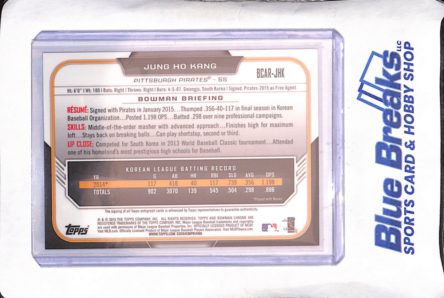2015 Bowman Chrome - Jung Ho Kang - Autograph - RC - Pittsburgh Pirates - Baseball - #BCAR-JHK